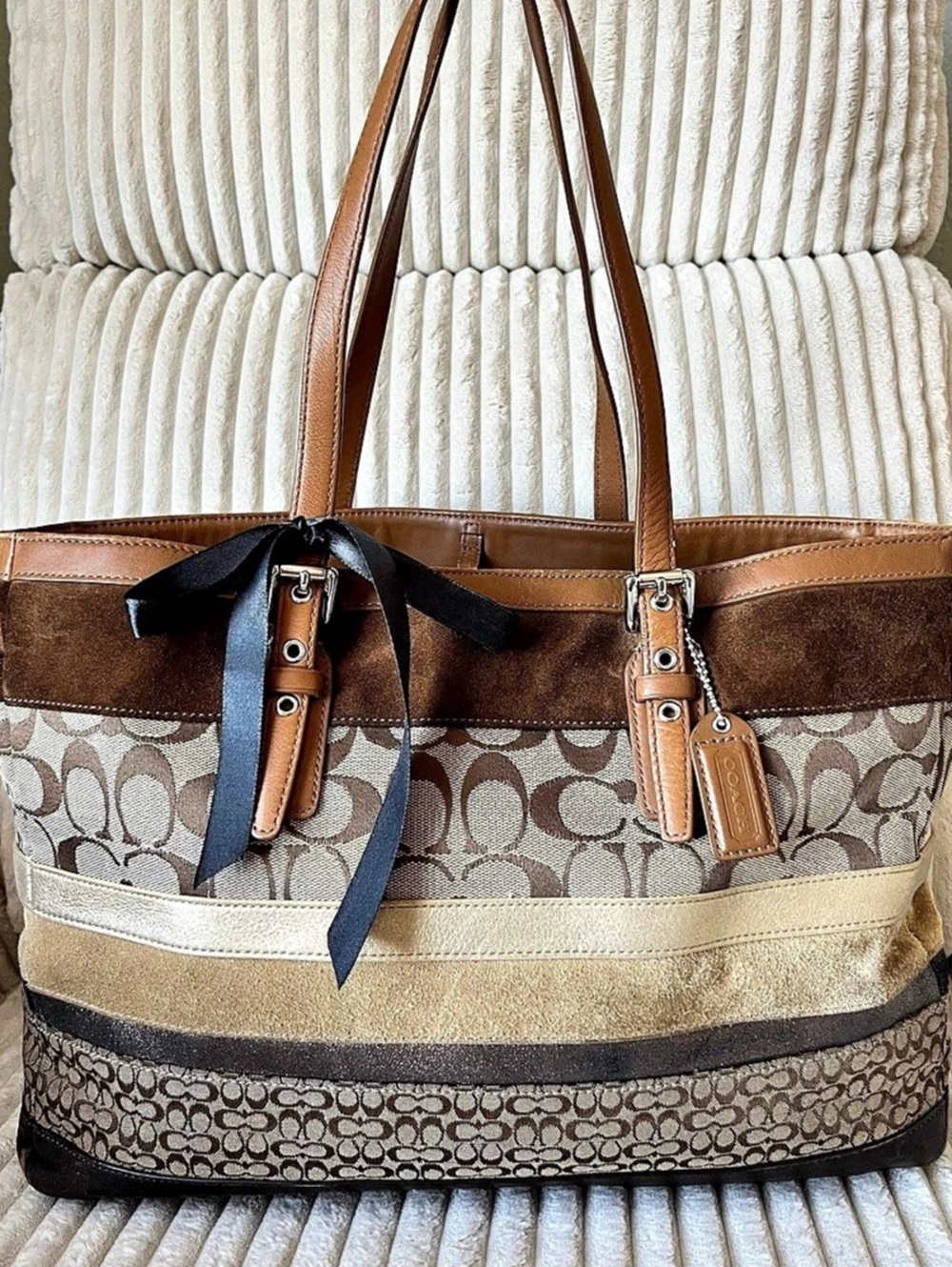 Rare Vintage Coach Hamptons Patchwork Gallery Tote Bag Multi-Stripe Brown Gold